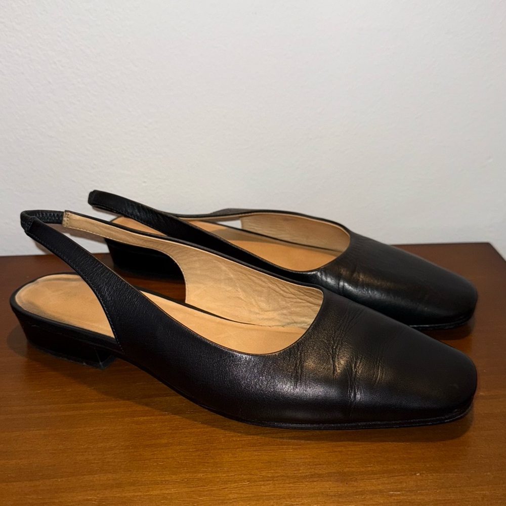 Black Leather Slingback Ballerina Flats